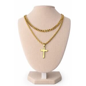 18K Gold Plated Layered Cross Necklace for Men | 18" & 20" Chains | Unisex